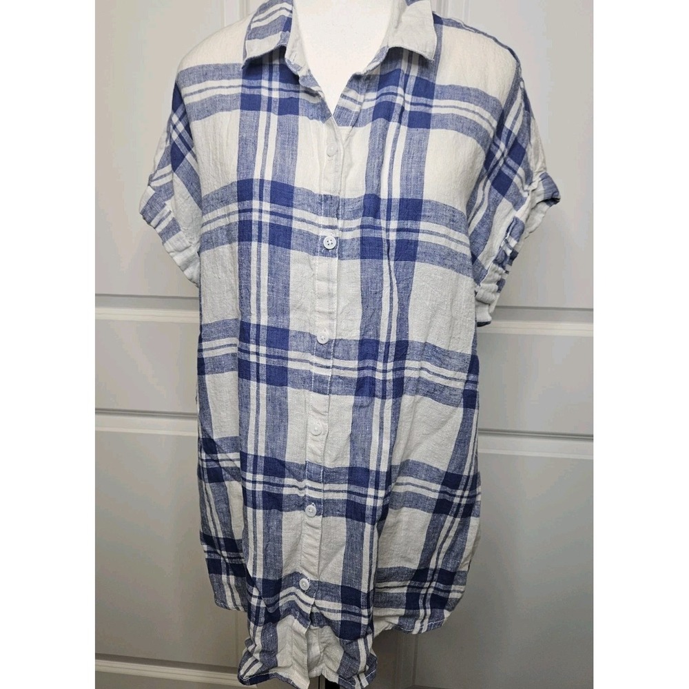Beach Lunch Lounge Relaxed Button Up Top Plaid Linen Blend Size XL